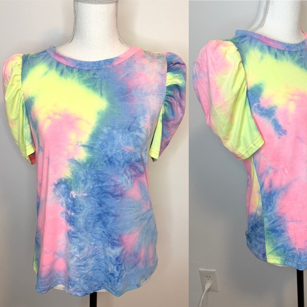 Tie Dye Puff Sleeve Crew Neck T Shirt In Pink Blue Yellow Size Medium